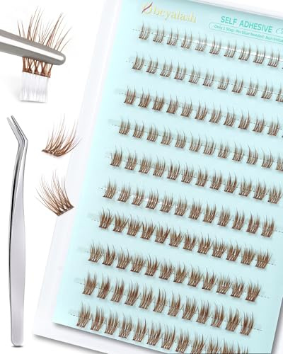 Obeyalash Pestañas Postizas Autoadhesivas Marrones con Aspecto Natural Pre-pegadas Pestañas Kit Pegamento para Extensión Presser Lashes con Pinzas (Brown-2)