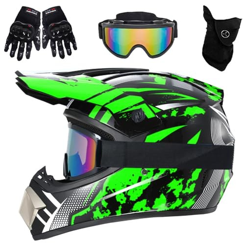 Casques de Motocross pour Enfants de 9 à 14 Ans avec Lunettes, Gants Et Masque, Lot de 4 PièCes, Casques de VTT Tout-Terrain pour GarçOns Et Filles, HomologuéS Dot(Green Storm,M(54-55cm))
