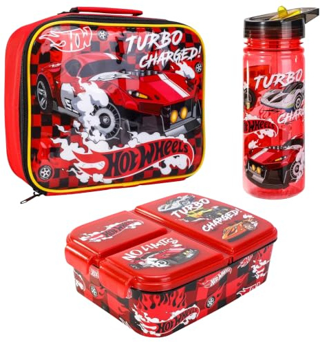 Hot Wheels Kids Lunch Box Set – School & Travel Snack Boxes Set of 3 | Insulated Lunch Bag, Lunch Box with Compartments & 580ml Water Bottle, Lunch Bag & Box Gift Set for Boys & Girls | BPA Free