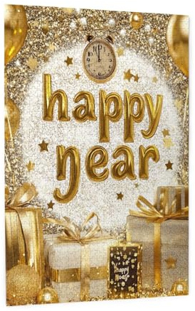 RMYRHQ New Year Countdown Clock&Golden Gifts Wood Jigsaw Puzzles Adult 1000piece Glitter Background Golden Balloons Design Gift for Adults Puzzle Lovers&Friend New Year Get-Together&Home Activity