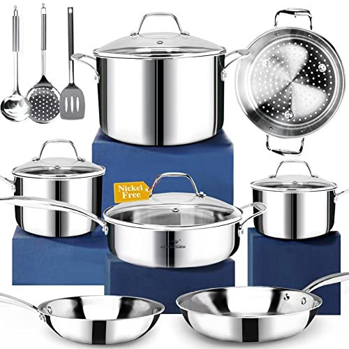 HOMICHEF 14 pezzi set di pentole in acciaio inox senza nichel, rivestito in 3 strati - Set di pentole e padelle lucidate a specchio - Pentole salutari con vaporiera - Pentole a induzione atossiche