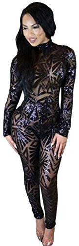 YOUJIA Damen Rollkragen Jumpsuit Einteiler Pailletten Strampler Trasparente Rückenfrei Slim Fit Einteiler Overall (Schwarz, CN XL)
