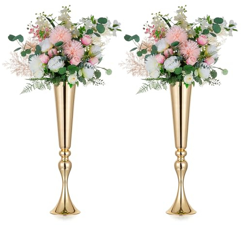 NUPTIO Blumenständer Metall Gold Hochzeit: 2 Stück 55,5cm Hoch Trompete Vase Blumenvase Goldene Blumenarrangement Ständer für Geburtstag Party Tafelaufsaetze Tischdeko