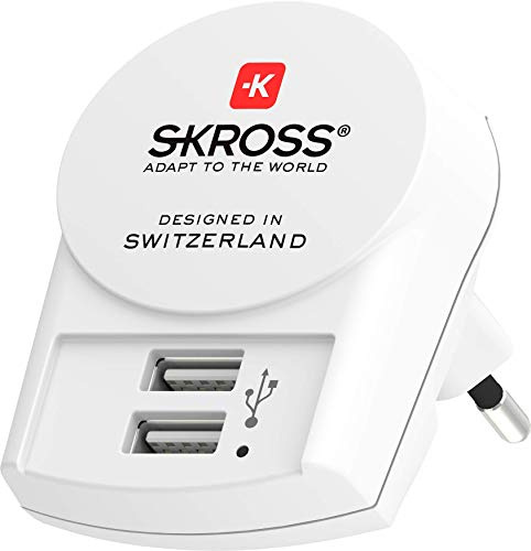 SKROSS - European 2 Pin Charger with 2 USB 2.4 A Ports for Charging 2 Phones or Tablets - Perfect for Charging Your Devices While in Europe