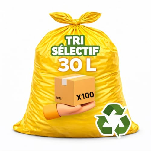 Sac Poubelle Jaune 30 Litres X 100 | Tri Sélectif | Carton de 100 sacs (4 rouleaux de 25 sacs) | Haute Résistance | Réservé Déchets non Alimentaires