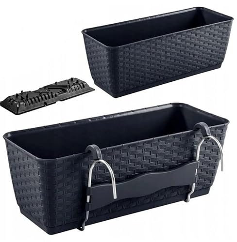 R.G. Blumenkasten Geländerkasten Balkonkasten mit Aufhänfung Hängetopf Blumentopf Rattan Optik Ratolla Halterungen Untersetzer Bewässerung Anthrazit (49cm)