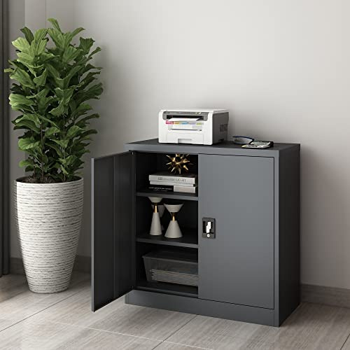 [en.casa] Armoire de Bureau Métallique Casier avec Portes Battantes Meuble de Rangement avec Étagères pour Atelier ou Garage Verouillable Acier Laqué 90 x 40 x 90 cm Gris Foncé