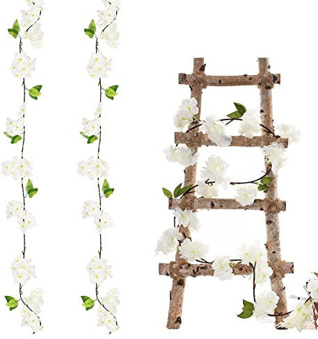 duoyif Blumengirlande Weiß Künstlich Kirschblüten Deko Girlande Blumenranke Kirschblütenzweige Kunstblumen Girlande Für Party Garten Wand Deko Zimmer Hochzeit Kommunion 1,8Meter 2Stück (Weiß)