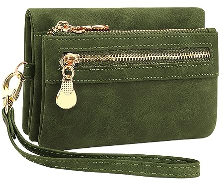 Monedero Mujer Pequeño Cartera de Mujer 100% Cuero Vegano Billetera Corto con Bolsillo de Cremallera para Monedas,Monederos Tarjetero Mujer con Ranuras para Tarjetas y Pulsera Extraíble (Verde oscuro)