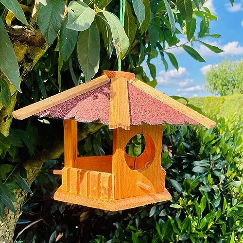 DARLUX Vogel Futter Haus Futterstelle Sechseck aus Holz Vogelhaus zum Hängen Braun und verschiedenen Dachfarben und Größen (Groß, Braun/Rot)