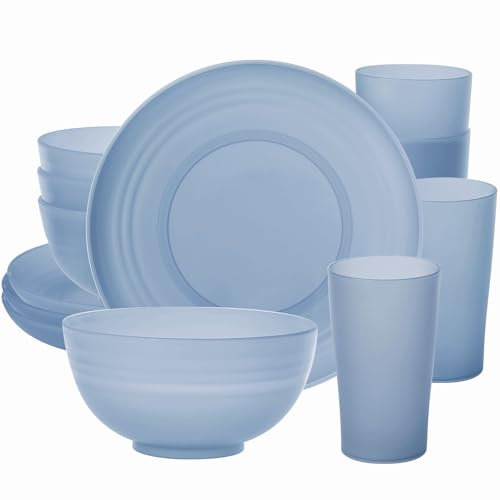 Greentainer Juego de vajilla de plástico irrompible, juego de cena ligero, 4 platos de comedor, 4 cuencos, 4 tazas, apto para microondas y lavavajillas, vajilla de camping para niños y adultos,