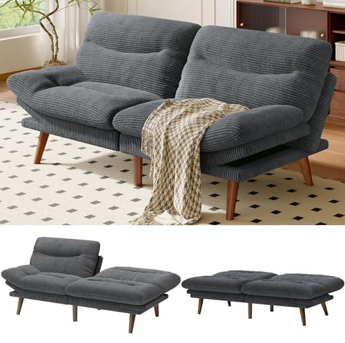 Amada 66 Convertible Futon Sofa Bed, Corduroy Folding Futon Set with Adjustable Backrest &Armrests, Recliner Lounge for Living Room, Apartment or Office, Solid Wood Frame, Loveseat Sofa - Grey