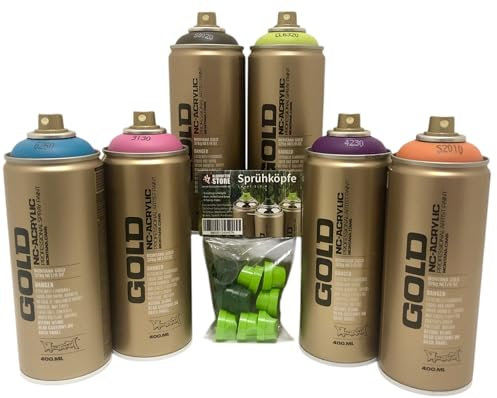 Montana Gold Premium-Sprühfarben Set - 6 x 400ml, Bonbonfarben, Farbspray mit wenig Druck für detailiertes Arbeiten - Low-Pressure Ventil - Acryl Basis