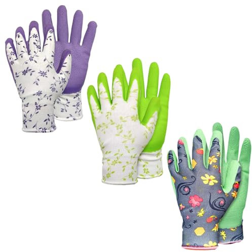 LUMOOM 3 paia di guanti da giardinaggio, guanti da lavoro, da donna, rivestiti in lattice, guanti da giardino, guanti protettivi ecologici per giardinaggio, pulizia