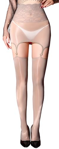 FEOYA Suspender Stockings for Women Sheer Garter Tights Set with Thigh High Stockings Lace Top Oil Shiny Pantyhose Stay Up Shimmer Sheers