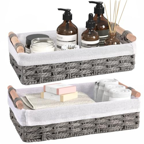 HomeHacks 2 Pack Storage Basket Paper Rope Baskets for Organizing with Handle Decorative Storage Bins for Countertop Toilet Paper Basket for Toilet Tank Top Small Baskets, Grey