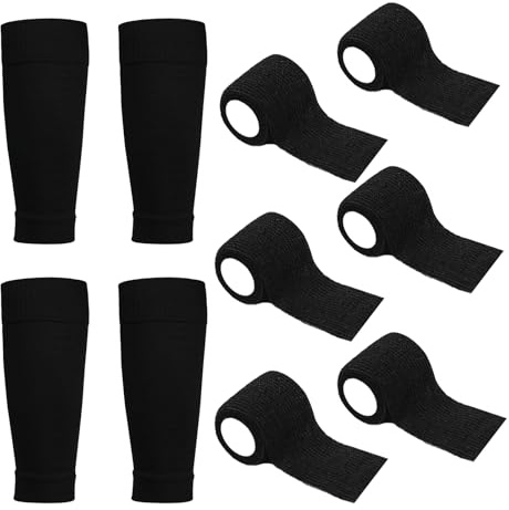 2 Pairs Football Sock Sleeves 6 Rolls Sock Tape,Soccer Shin Guard Covers Socks Team Leg Sock Sleeve Pre-Cut Football Socks for Kids Adults Beginners (KIDS-BLACK)