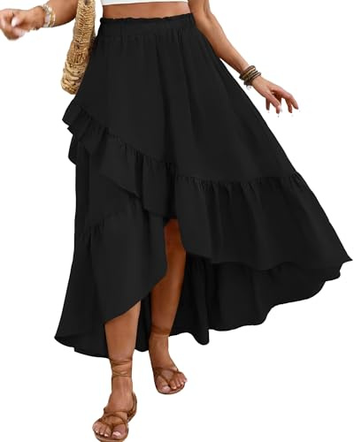 Bsubseach Women Asymmetrical Skirt High Waisted Wrap Maxi Skirt Tiered High Low Skirts Flowy Ruffle Midi Skirts with Slit Black M