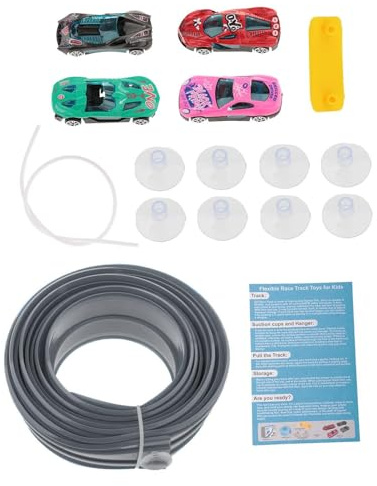 Colcolo Pista de Carreras Flexible con rampa para Autos, Pista de Carreras Multifuncional, Divertida, se enrolla con ventosas y 4 Mini Autos de aleación de 15