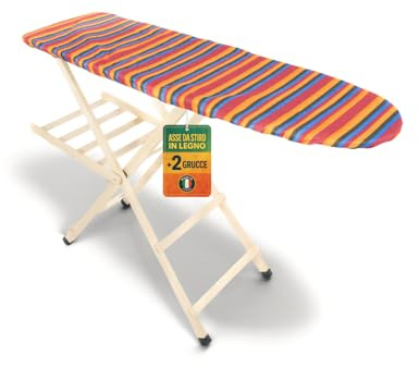 OWIJI Asse da Stiro Salvaspazio Legno Faggio Naturale Pieghevole Altezza Regolabile Ripiano Multistrato + 2 Grucce Omaggio Appendiabiti 35 x 141 x 92 cm Antiscivolo Stabile Colore Mollettone Assortito