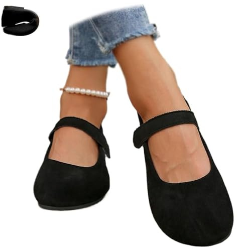 Orthopedic Suede Ballet Mary Jane Flats for Women, Comfortable Wide Fit Casual Soft Round Ballet Flat Lightweight Black Mary Jane Shoes (Black,6.5)