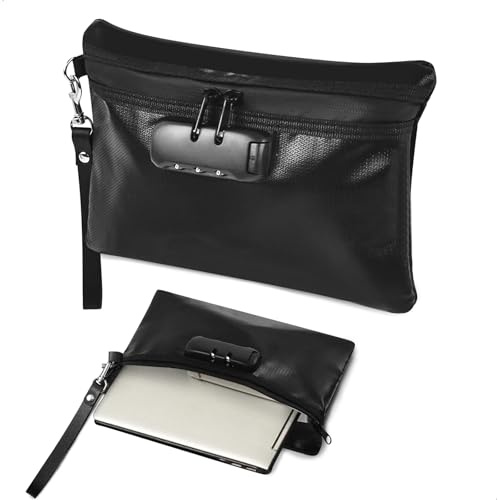 momgyaamz Geruchsdichte Tasche, Geldtaschen Banktasche Feuerfeste Tasche mit Zahlenschloss, Wasserdichte Dokumententasche für Geld und Reisedokumente, 25x17cm Schwarz für Reise und Alltag