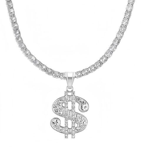 Yonghao Pavilion Diamond-studded US dollar stainless steel pendant hip-hop necklace for men, gold and silver tennis chain for women, chain width 5mm 3mm, length 23.62 inches (Silver Small)