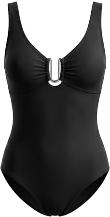 Amexo Tummy Control Bathing Suits Women's Metal Ring V Neck Push Up Swim Suit Ruched Side One Piece Swimsuit for Women