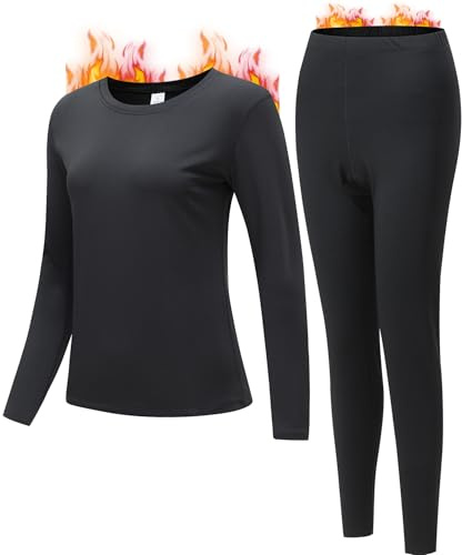 JZCreater Women Thermal Underwear Set, Long Johns Base Layer Top & Bottom, Women Soft Pajama Set for Cold Weather(Medium, Black)