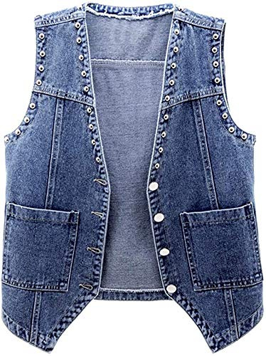 Lazutom Gilet en jean sans manches avec col en V pour femme, bleu, 42