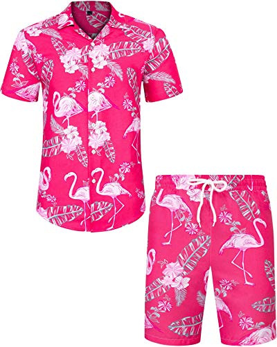 J.VER Mens Pink Beach Hawaiian Shirt and Shorts Set Regular Fit Funky Flamingo Holiday Shirt and Shorts Set Flower Button Down Summer Floral Party S