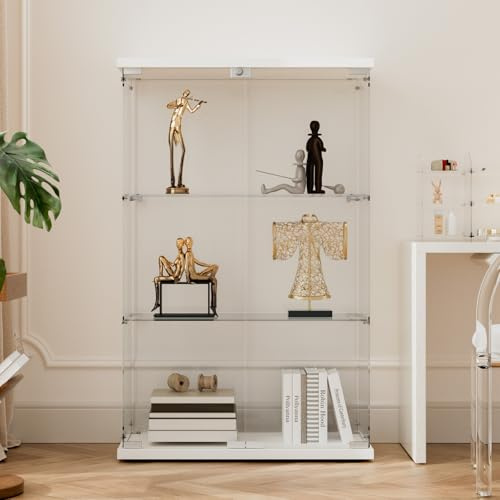 Beauty4U 3-Shelf Glass Display Cabinet, 49 Double Door Showcase Cabinet w/Wood Floor Freestanding for Storage Collectables Bookshelf Living Room Bedroom Office, Simple Quick Installation, White
