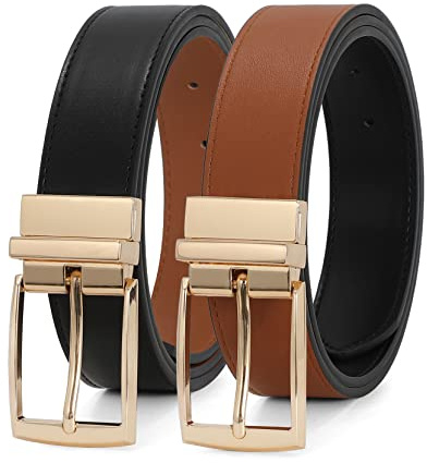 JASGOOD Reversible Belt for Women Leather Belts for Jeans Pants Fashion Ladies Dress Belt Trim to Fit,Black/Brown Gold Buckle,M