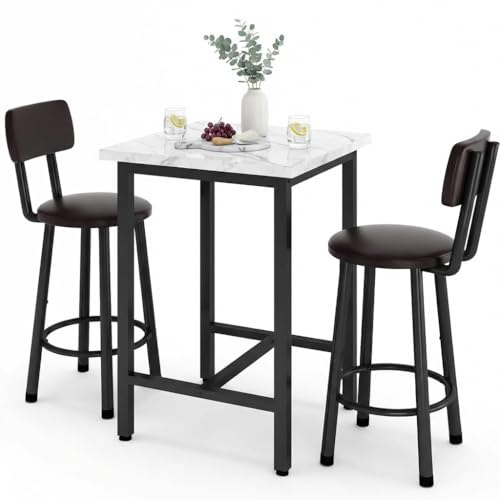 DKLGG Dining Table Set for 2, 24 Square Kitchen Table and Chairs Set with MDF Tabletop & 2 PU Leather Chairs, Bar Pub Dining Set for Small Space Bar Kitchen Living Room Apartment, White
