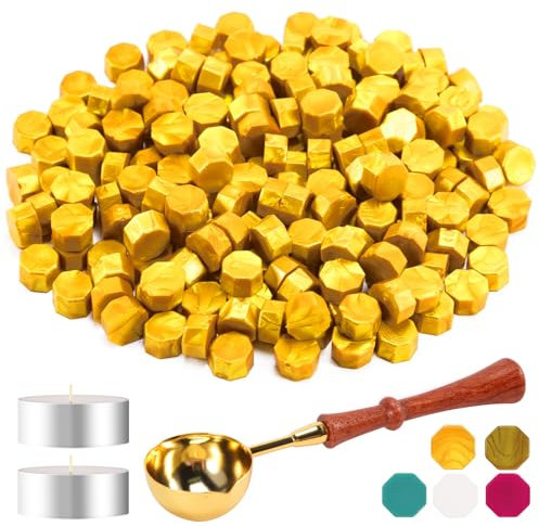 Foonii 200 Stück Siegelwachs Perlen Set mit 1 Schmelzlöffel, 2 Teelichte | Siegellack Perlen Set für Umschlag/Einladungen/Karten/Geschenk (Gold)