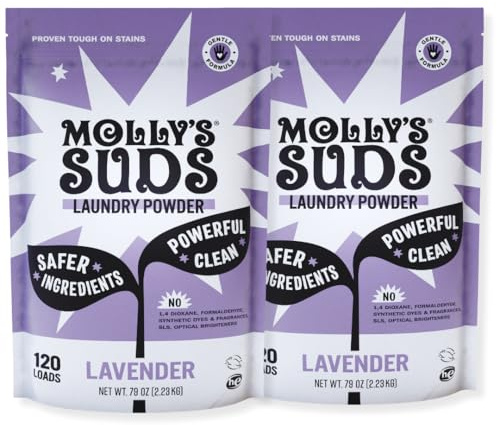 Molly's Suds Original tvättmedel pulver | rent tvättmedelspulver för känslig hud | Enkel, effektiva ingredienser, fläckbekämpning | 240 belastningar (lavendel)