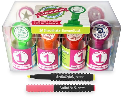 Xstamper Xclamations Teacher Stamp Set, 8 x Stamps and 2 x Highlighters (Impression Size: 22mm). Pre-Inked & Refillable Stamper for Marking School Work - Genuine Xstamper Self Inking Stamps
