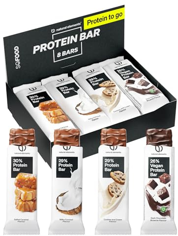 natural elements Proteinriegel Mixed Box – verschiedene Low Sugar Eiweißriegel – 8 Stück mit bis zu 13g Protein – vegetarisch, ohne Palmöl – in Deutschland laborgeprüft