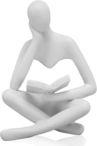 Jwthee Thinker Statue, Reading Thinker Sculpture Abstract Art Sculpture Reading Book Thinker Decoration for Living Room Office Bookshelf Shelf Table (White)