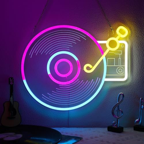 YuanDian Record Player Neon Sign, Dimmable Music LED Light Signs USB Powered for Bedroom Bar Club Music Studio Wall Decor, Birthday Party Gifts for Music Lovers