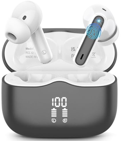Wireless Earbuds, Bluetooth 5.4 Headphones in Ear with HiFi Stereo Deep Bass, 4 ENC Noise Cancelling Mic Wireless Earphones 40H Playtime, Bluetooth Earbuds Dual LED Display, IP7 Waterproof, Grey