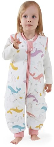 MIKAFEN Bambini Sacco nanna invernale con gambe 2,5 Tog,100% cotone,Sacco nanna con piedini,85-95 cm/18-36 mesi,Balena arcobaleno
