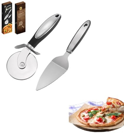YIHAOH pizzaskärare i rostfritt stål och skrapa, pizzarulle med halkfritt handtag, vass avtagbar pizzaskärare, praktisk pizzakniv med fingerskydd, för pizza, kakor och deg