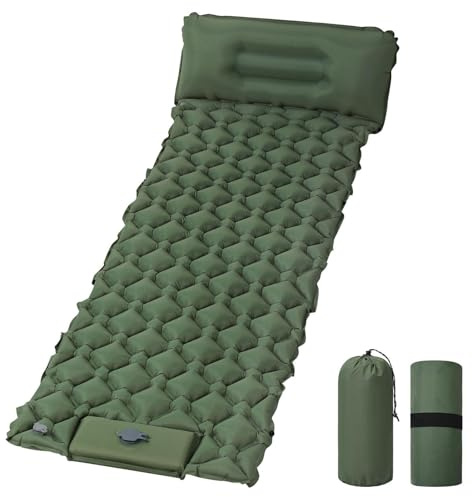 AUYAO Colchón Hinchable, 190cmX60cmX5cm Colchón Autoinflable con Bomba de Pie, Colchón Inflable Individual con Almohada, Colchoneta de Dormir para Camping, Viajes, Exteriores, Playa