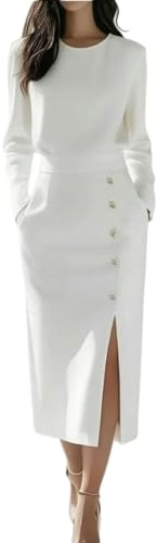 Gyios Abito Donna Longuette da Tinta Unita, Girocollo Elegante con Bottoni A Manica Lunga E Spacco Laterale-Bianco-m