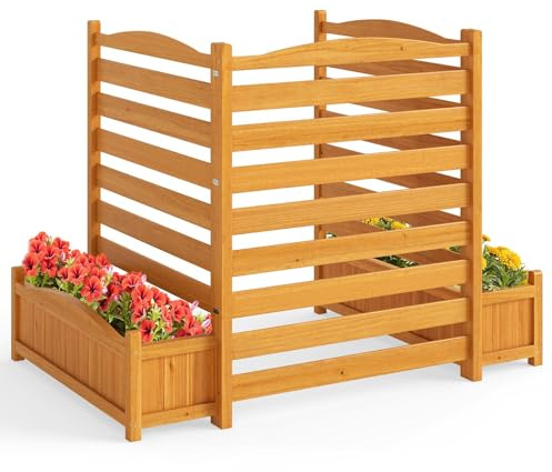 HOMASIS Fioriera Rialzata in Legno con Traliccio, Recinzione per Condizionatore Esterno con 2 Vasi da Fioriera, Letto da Giardino Rialzato con Fori di Drenaggio e Fondo Rimovibile (3 Pannelli)