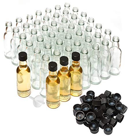 Better Bottles Mini Liquor Bottles with Lids and Funnel, 50 Pack, Small Reusable Glass Tasters for Spirit Samples, Essential Oils, or Party Favours, Empty and Refillable, Black Screw-On Top
