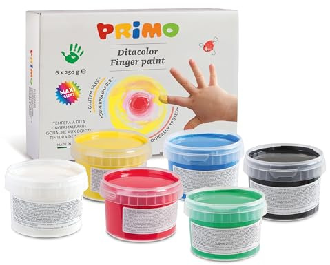 PRIMO - Kit Palette Peinture Enfant Bebe +2 Ans Petite Enfance avec Peinture Gouache à Doigts 250g avec 6 Couleurs Enfants et Bébés, Tempera de Couleurs pour Loisirs Créatifs Testée Dermatologiquement