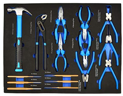 Zangen Set mit Hammer - Flaschrundzange, Kombizange, Diagonalzange, Seegerzange, Splinttreiber, Wasserpumpenzange - 16 Teilig - Werkstattwagen Einsatz, Werkstattwagen Einlage