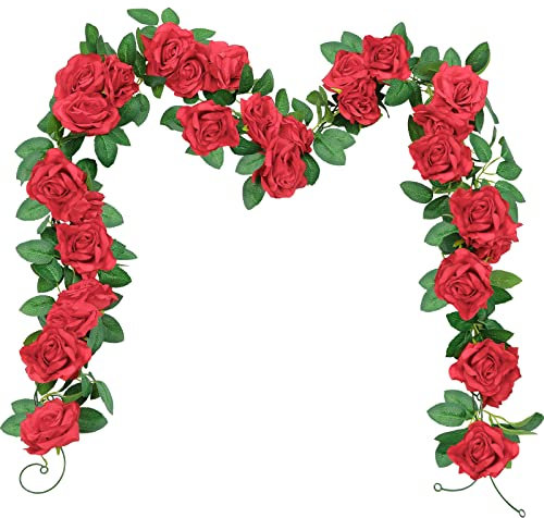 SHACOS 3 Stück 6,0 m Künstliche Blumen Girlande Rosengirlande Hochzeitsdeko Rose Blumengirlande Hochzeit Rote Rosen Kunstblumen Girlande Deko Hängende Girlande für Hochzeit, Deko